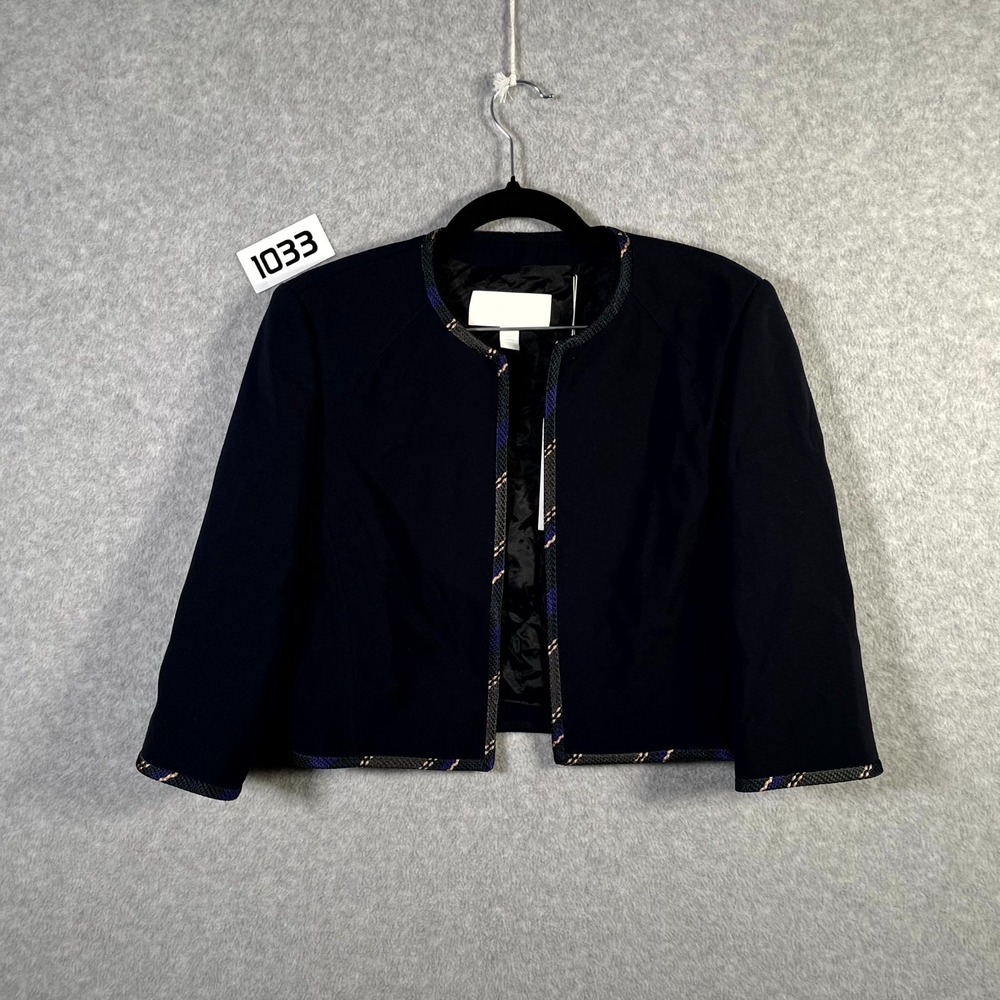 Hugo Boss Blazer Womens 4 Blue Tweed Trim Business Wear‎ Cropped Open Front